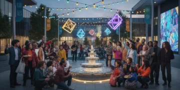 Diverse community celebrating new American holiday traditions outdoors with modern decorations.
