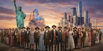 Diverse immigrants arriving in America, shaping culture