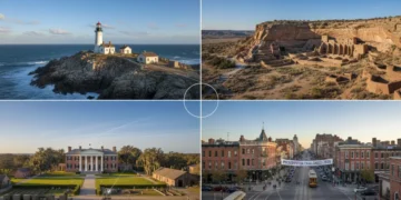 Diverse National Historic Landmarks facing preservation challenges in 2026, from lighthouses to urban districts
