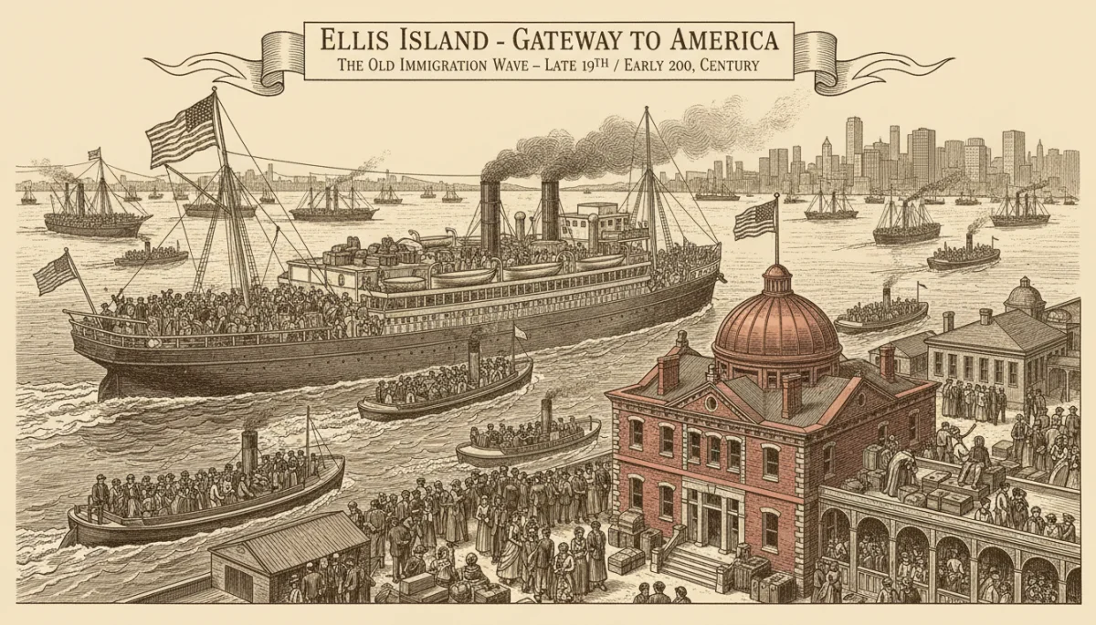 European immigrants arriving at Ellis Island, early 20th century