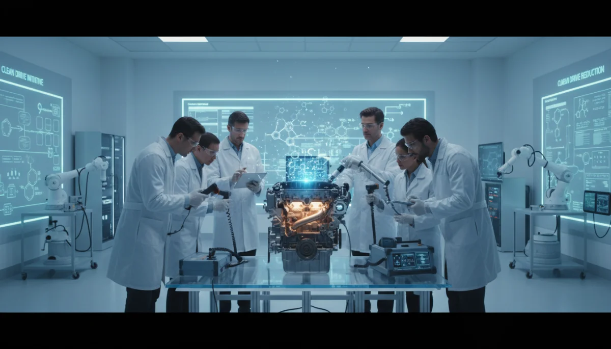 Engineers examining an engine component in a lab