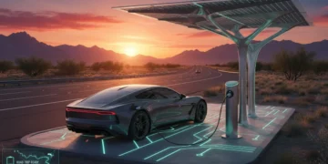 Electric vehicle charging at sunset on a scenic U.S. highway