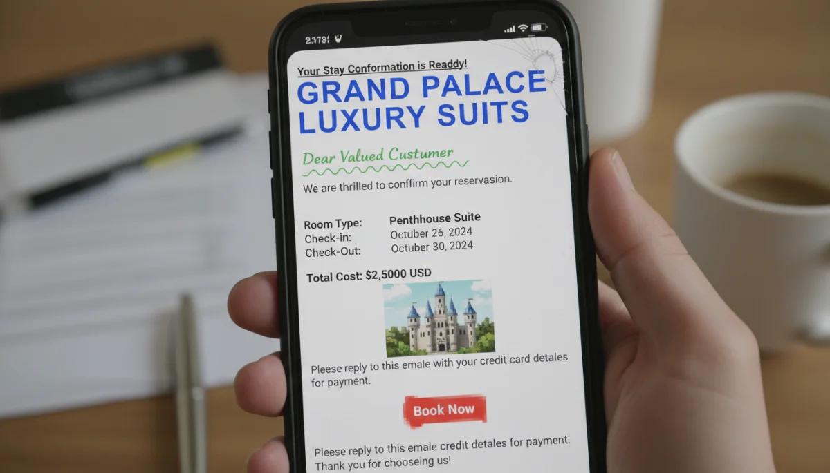 Smartphone displaying fake booking confirmation email, travel scam warning