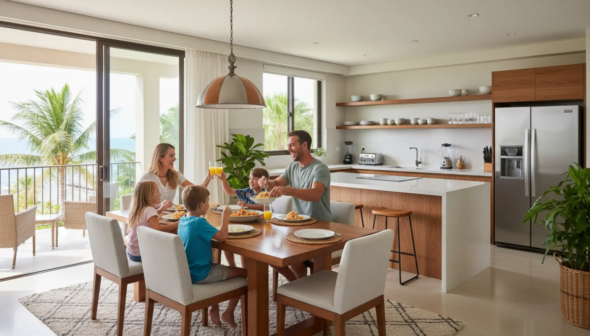 Family cooking and dining in a vacation rental kitchen