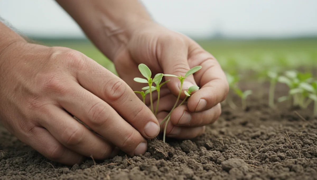 Farmer's hands inspecting young crop sprouts, symbolizing dedicated agricultural stewardship and growth.