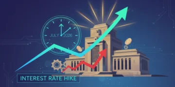 Federal Reserve building with upward trending financial graph and calendar date July 2026.