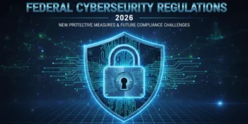 Illustration of federal cybersecurity regulations, digital lock on circuit board