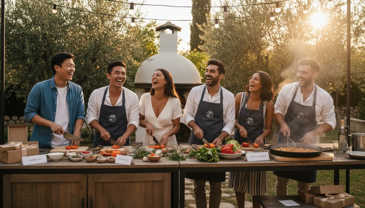 Friends enjoying an outdoor cooking class, representing experiential gift trends