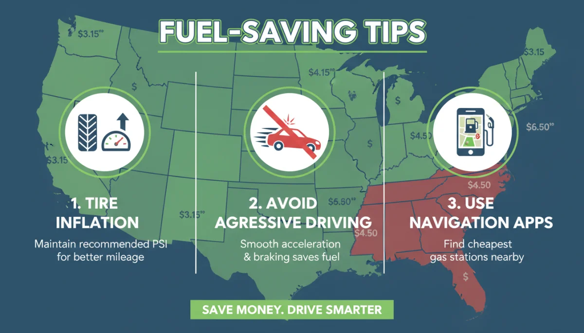 Infographic with fuel saving tips for road trips, showing tire pressure and route optimization