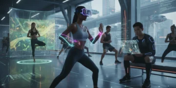 Futuristic fitness scene with people engaged in personalized AI, genetic, and holistic training
