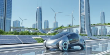 Futuristic electric vehicle in a clean city