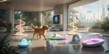 Futuristic pet wellness products enhancing pet health in a modern home