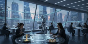 Futuristic US dining experience with innovative food and technology.