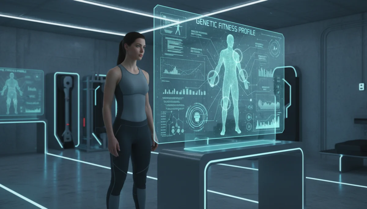 Individual analyzing genetic fitness data on a holographic display for personalized workout plan