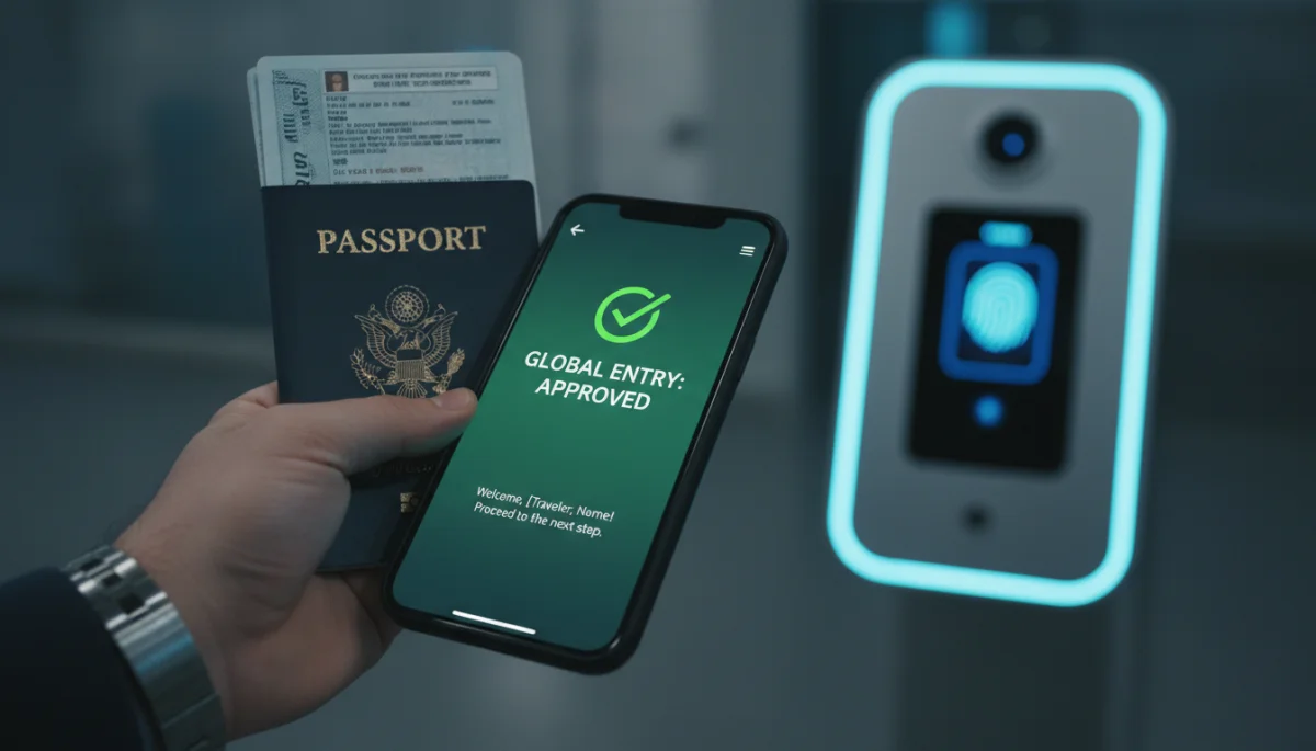 Traveler's hand with passport and Global Entry approval on smartphone