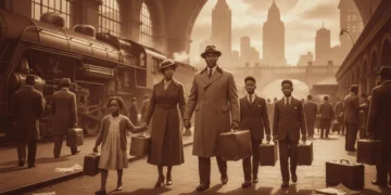 African American family arriving in Northern city during Great Migration