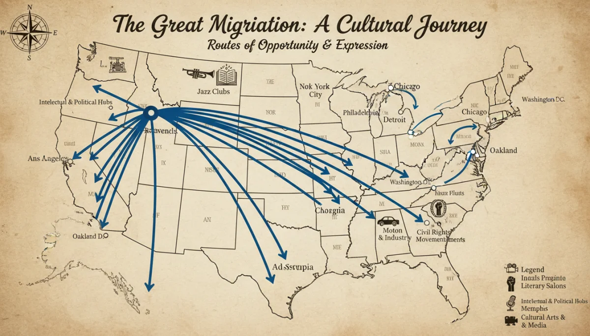 Map illustrating the routes and cultural hubs of the Great Migration
