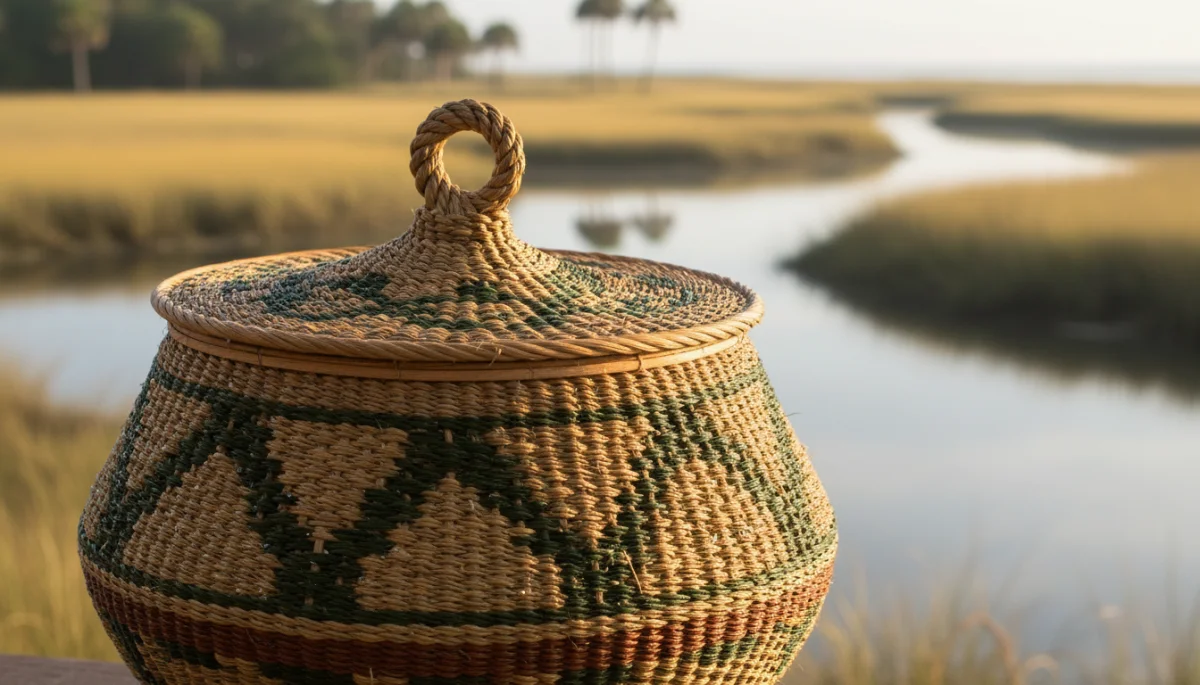 Intricate Gullah sweetgrass basket weaving art