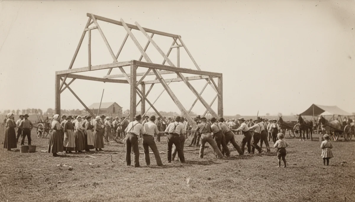 Historic community barn raising event in America