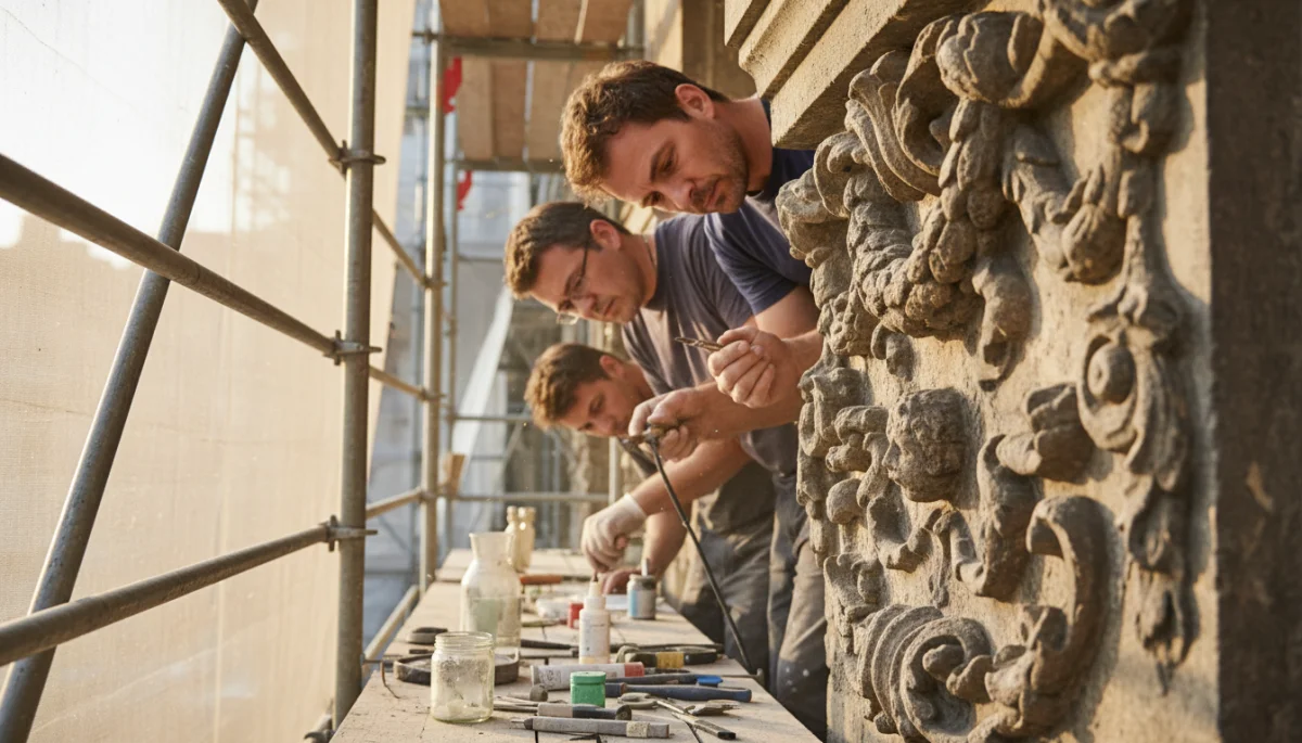 Conservators meticulously restoring architectural details on a historic building facade