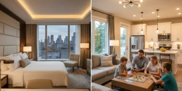 Modern hotel room versus spacious vacation rental living area