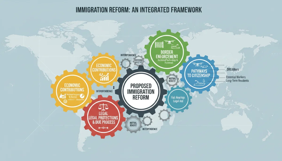 Infographic showing interconnected components of the 2026 immigration reform proposal