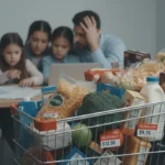 Inflation Report: CPI Rises 3.2% - Impact on Household Budgets Shopping cart with groceries and concerned family, symbolizing rising inflation costs