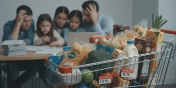 Shopping cart with groceries and concerned family, symbolizing rising inflation costs