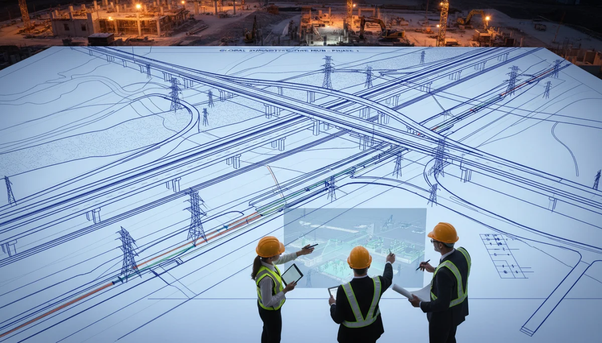 Engineers reviewing blueprints for a complex national infrastructure project