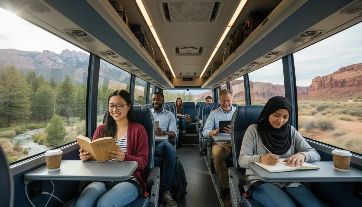 Comfortable intercity bus interior with happy travelers