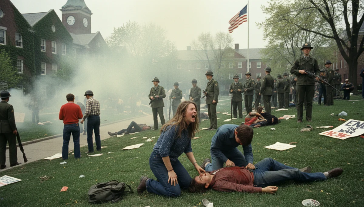 Kent State University shooting aftermath, showing National Guard and distressed students.