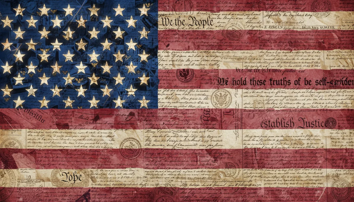Historical documents intertwined with American flag representing liberty and democracy