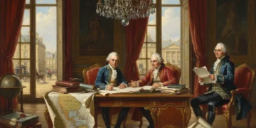 Signing of the Louisiana Purchase treaty in Paris, 1803, with American and French diplomats.