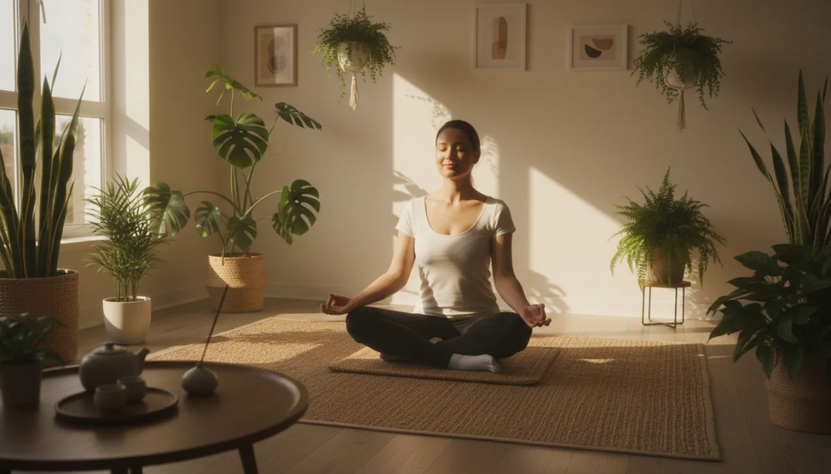 Person meditating in a serene, sunlit room with plants, embodying mindful practices.