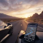 U.S. Road Trips 2026: Essential Navigation & Planning Apps Modern car on scenic U.S. highway with navigation app for road trip planning