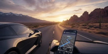 Modern car on scenic U.S. highway with navigation app for road trip planning