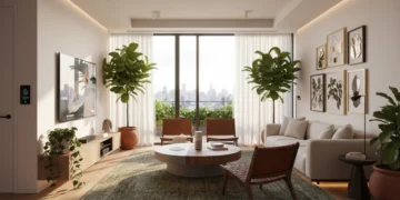 Modern living room with natural elements and smart tech