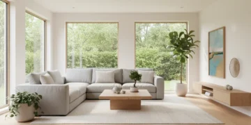 Modern minimalist living room with natural light
