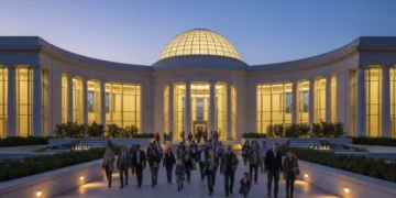 Modern presidential library entrance at dusk, symbolizing historical preservation and public access