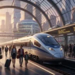 2026 U.S. Public Transportation: Save 25% on Intercity Travel Modern high-speed train at U.S. station, passengers boarding