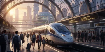 Modern high-speed train at U.S. station, passengers boarding