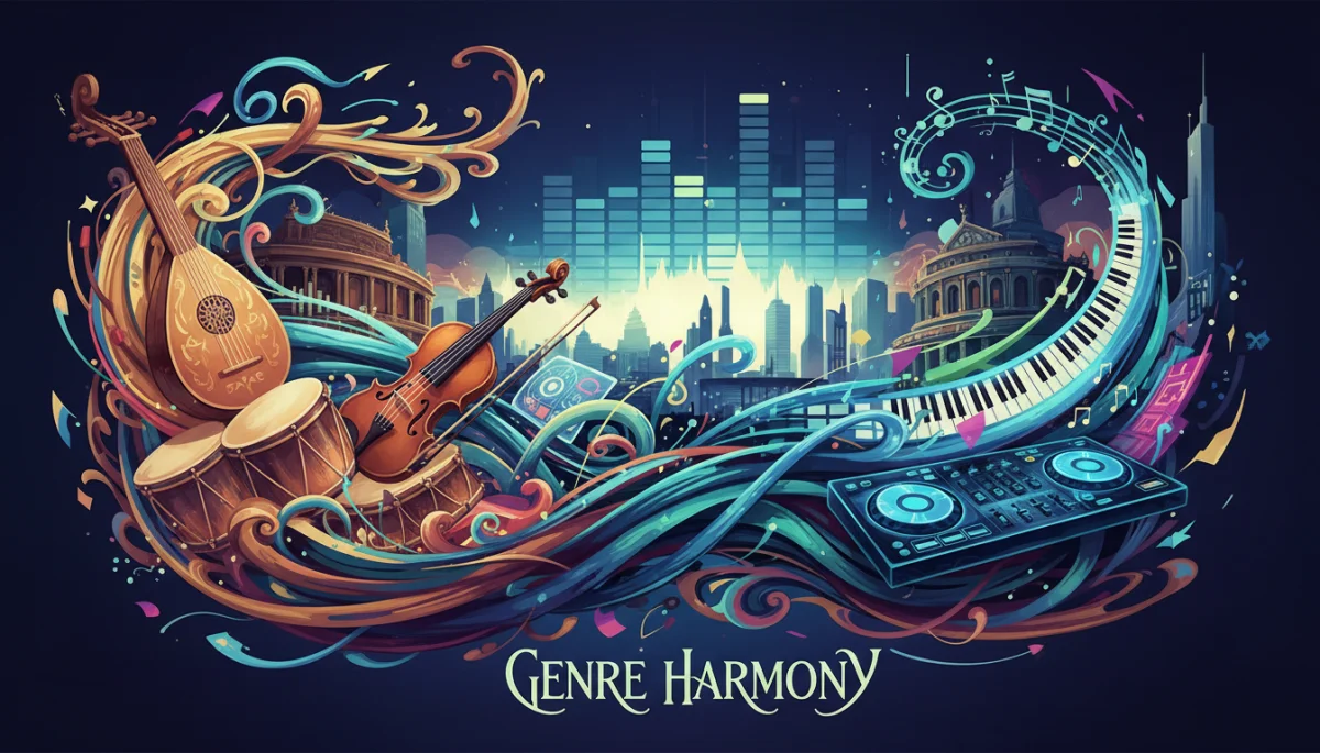Illustration of musical fusion, blending historical instruments with modern digital elements.