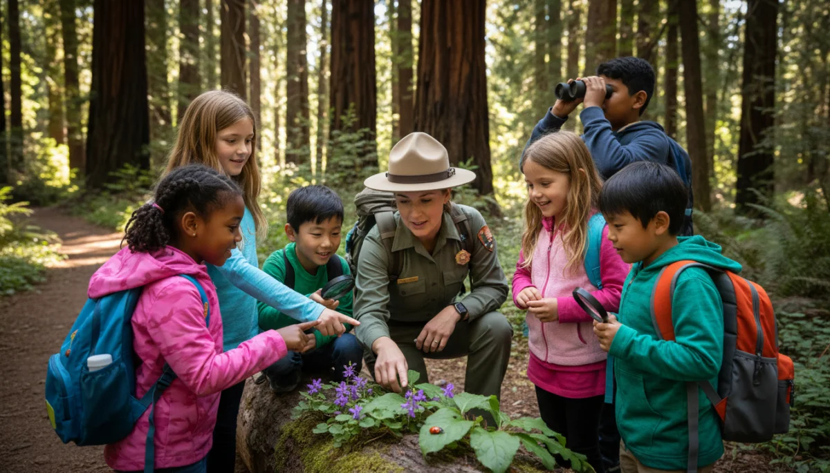 Children learning about nature with park ranger