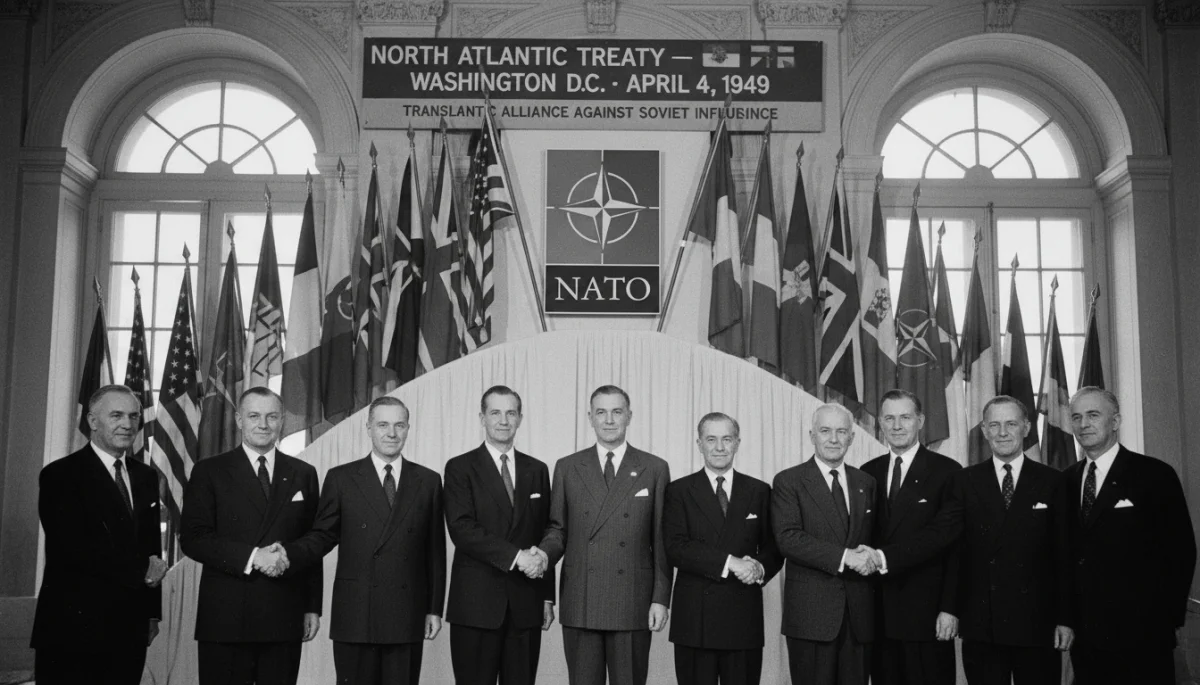 Diplomats signing the NATO agreement, symbolizing transatlantic alliance