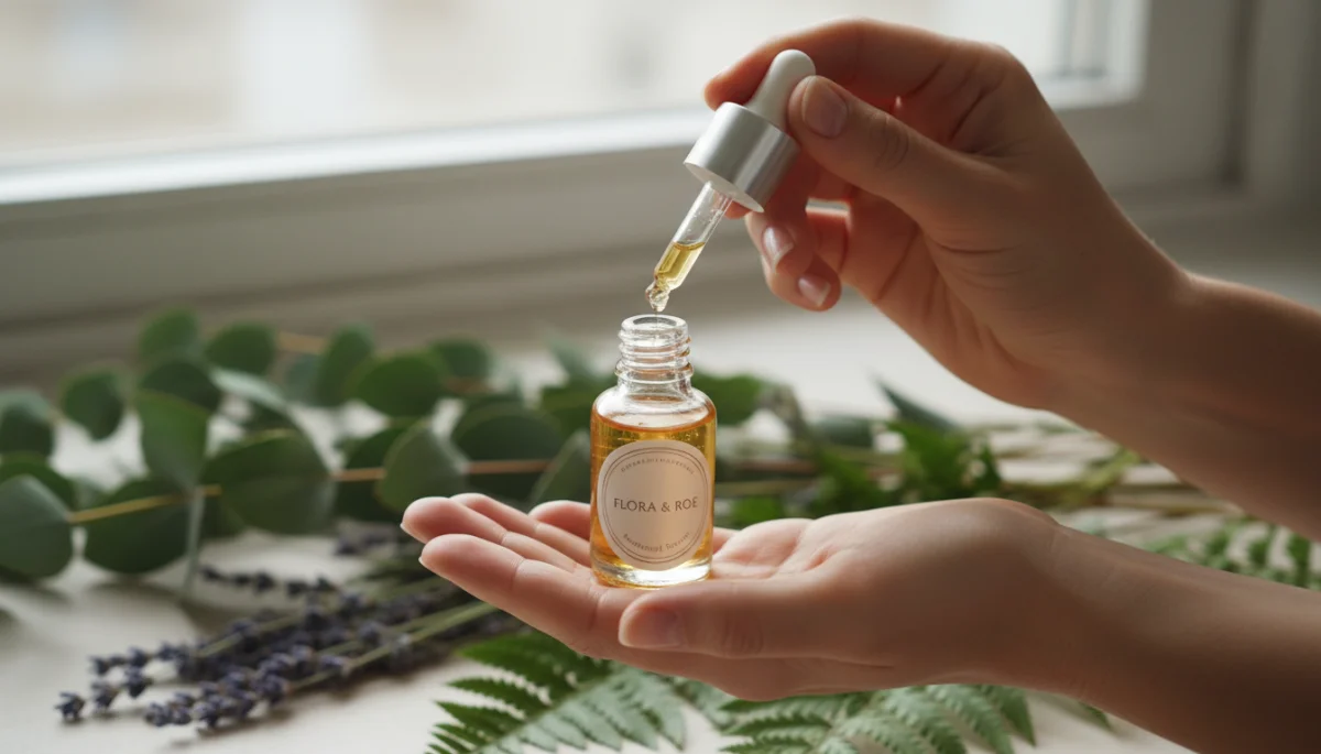 Applying natural facial serum with sustainable packaging.