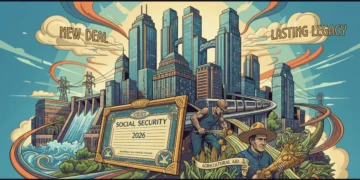 Stylized illustration of New Deal programs' lasting influence on modern America