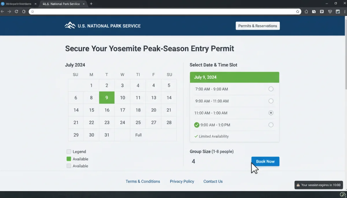 Online National Park permit reservation system screenshot