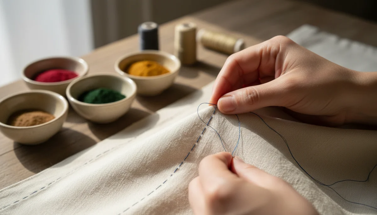 Artisan hand stitching organic cotton fabric, emphasizing ethical garment production.