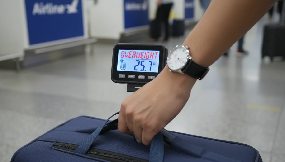 Digital luggage scale showing overweight warning for a suitcase