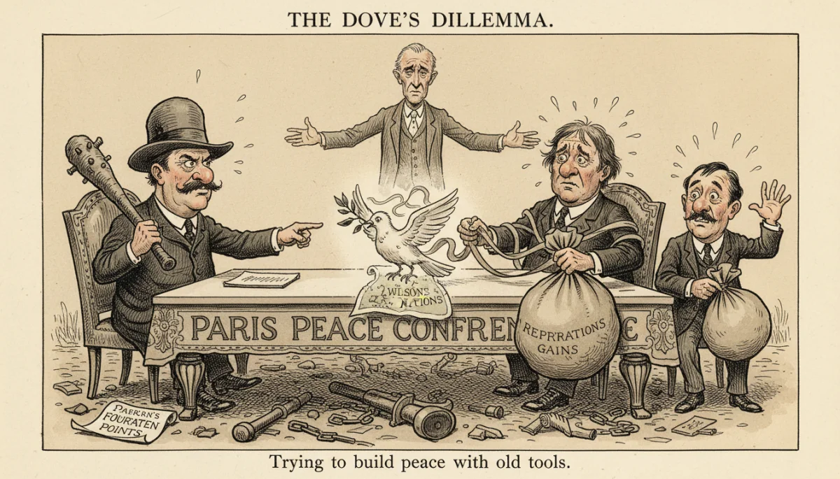 Allied leaders at Paris Peace Conference debating Wilson's peace proposals.